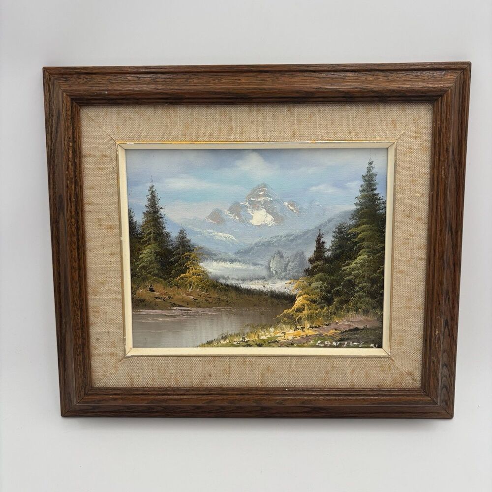 Vintage Signed Oil Painting Mountain Lake Landscape Framed Canvas 15x13